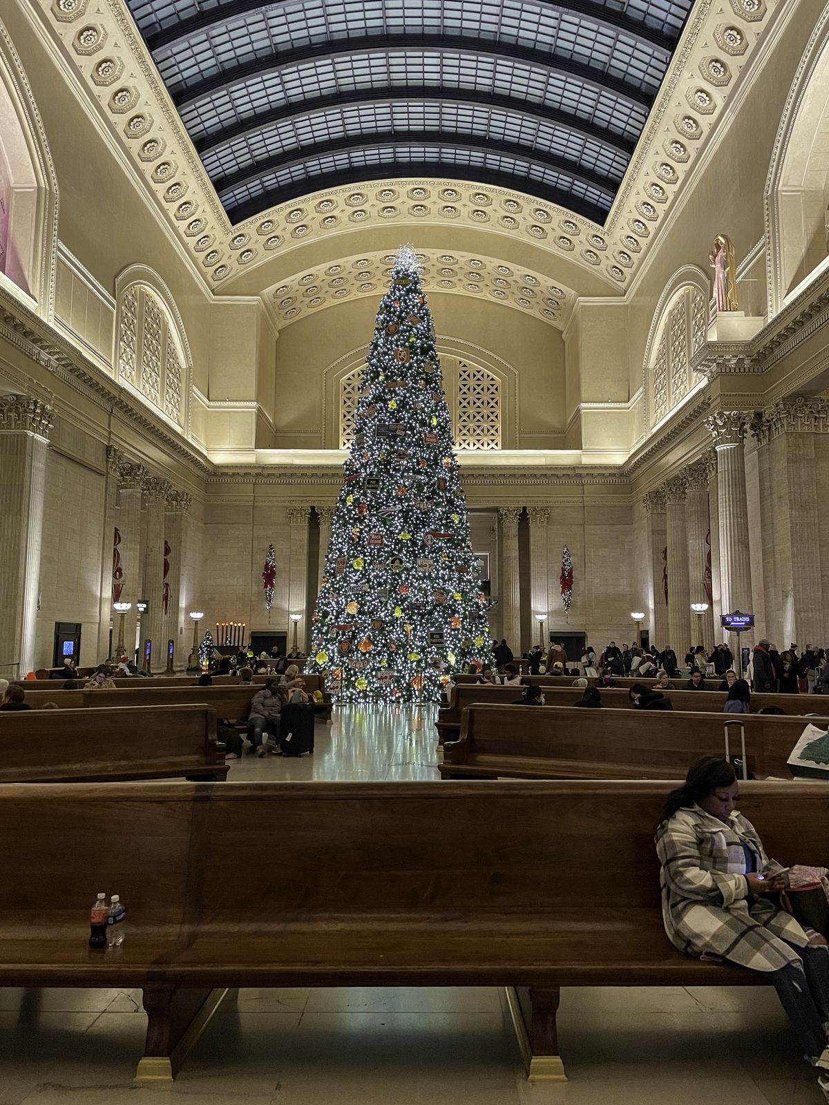 A large Christmas tree is standing tall at night in Chicago Union Station