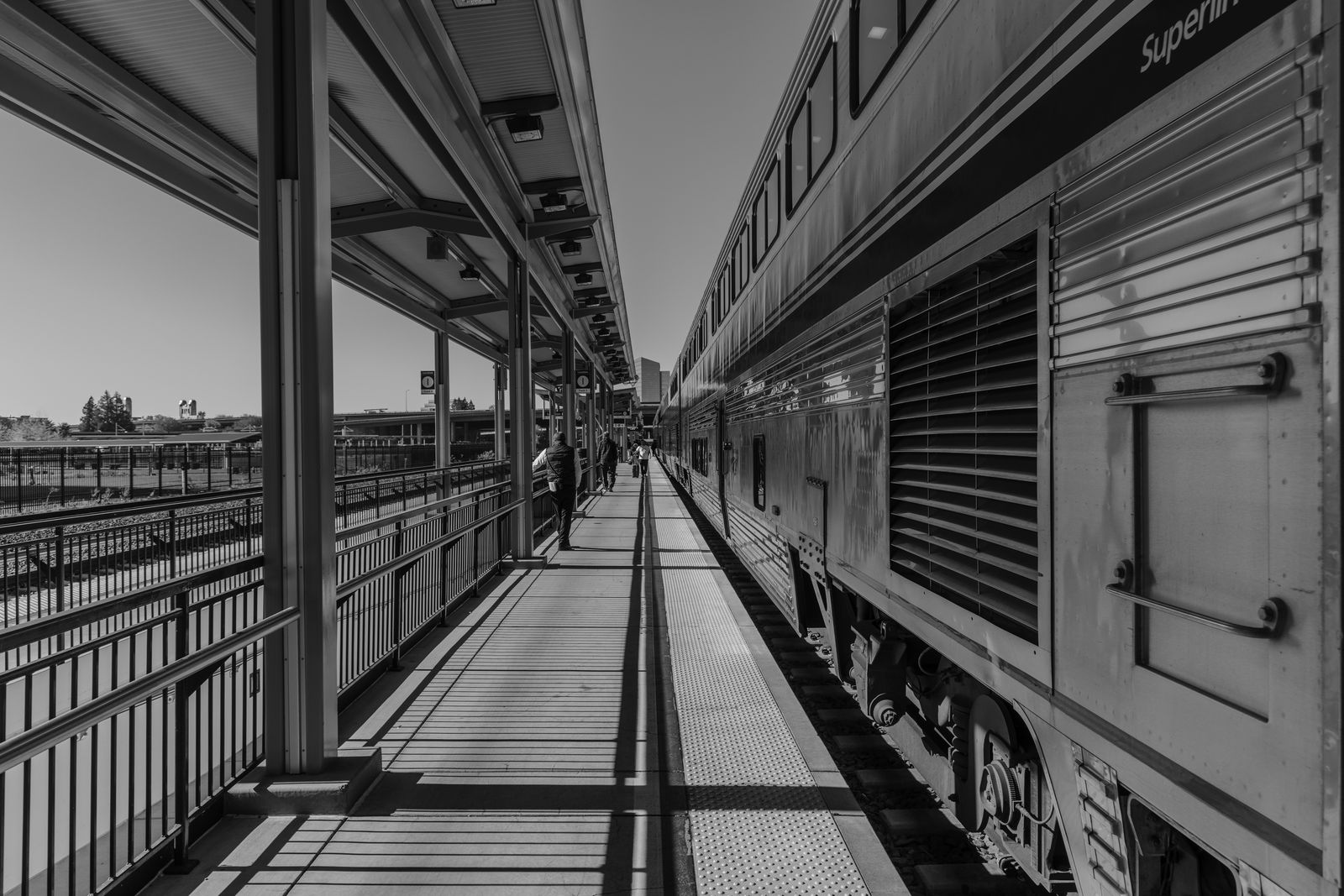 A view from the platform looking down the east bound California Zephyr in the mid afternoon.