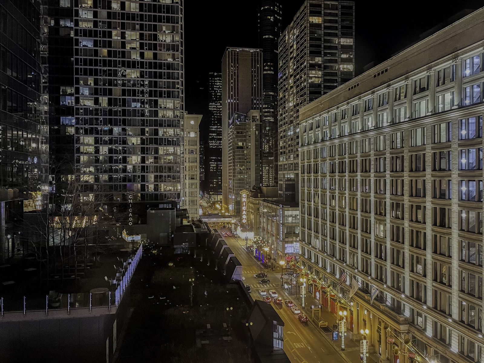 Looking north down South State Street at night in Chicago.