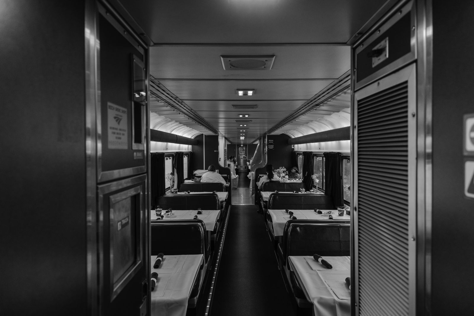 Looking into the dining car before dinner service starts.
